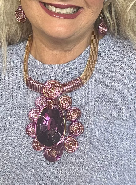 Purple Gold Teardrop Statement Necklace