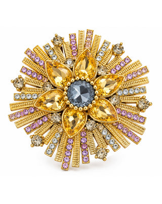 Golden Radiance Crystal Sunburst Brooch Pin Pendant