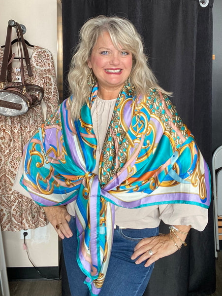 Abstract Pattern Printed Oblong Silky Satin Scarf Shawl Blue