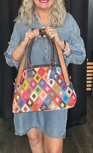 Genuine Leather Multi Color Patchwork Tall Satchel Handbag Purse