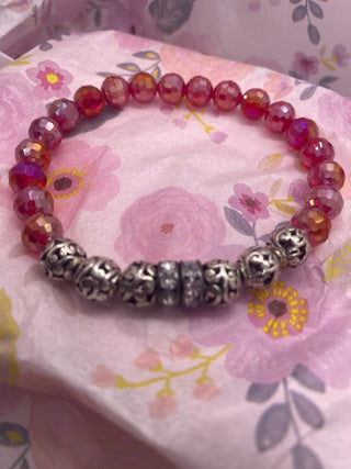Red Shiny Beads Silver Ball Stretch Bracelet
