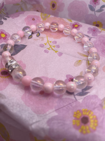 Clear Round Bead Pink Accent Beads Stretch Bracelet