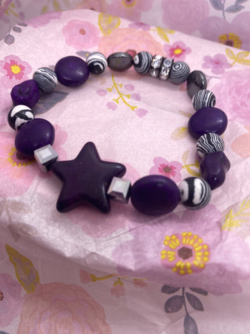 Purple and Black Beaded Stretch Bracelet