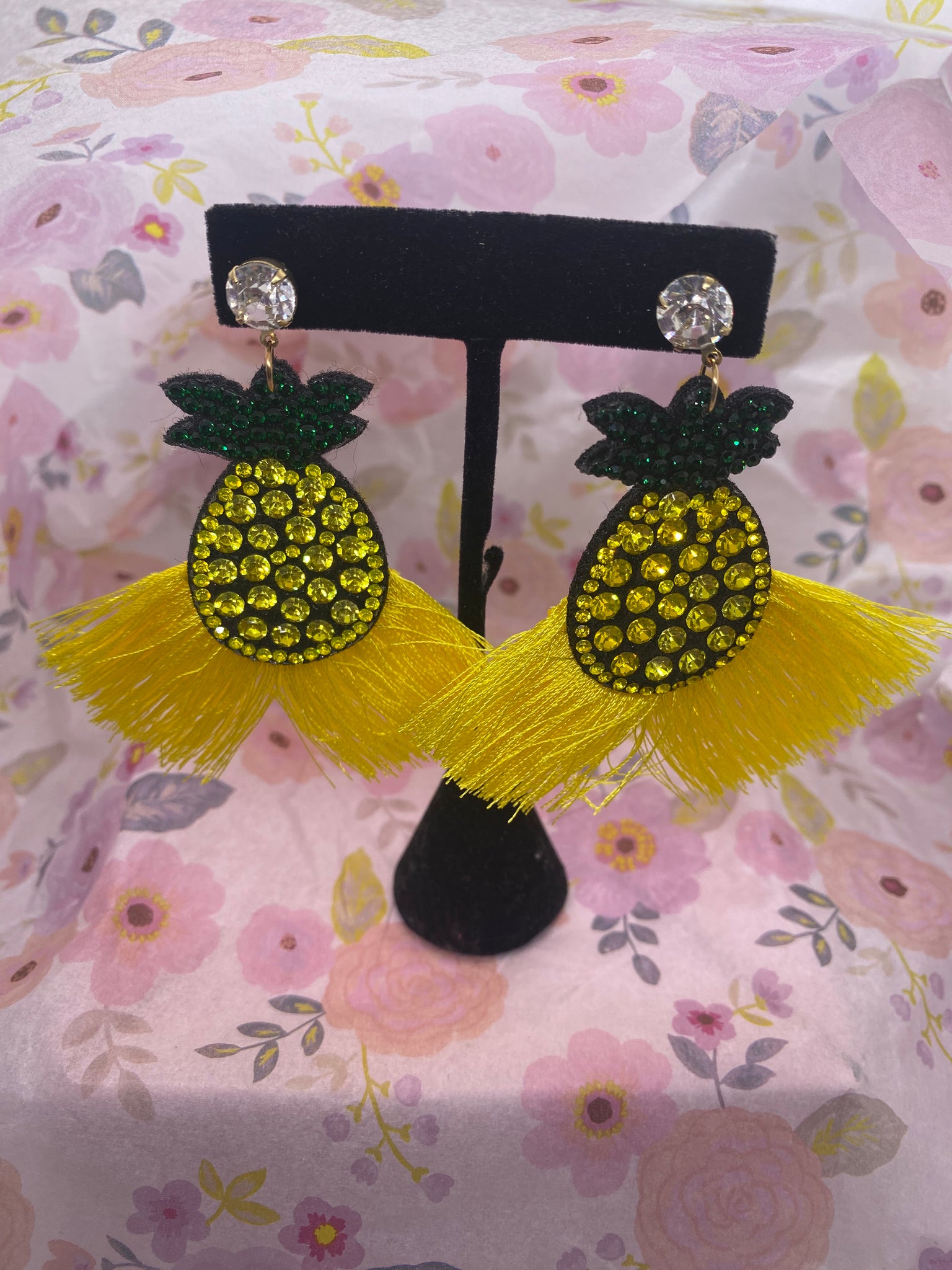 Yellow Rhinestones Pineapple Yellow Fringe Earrings