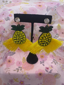 Yellow Rhinestones Pineapple Yellow Fringe Earrings