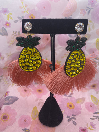 Yellow Rhinestones Pineapple Salmon Fringe Earrings