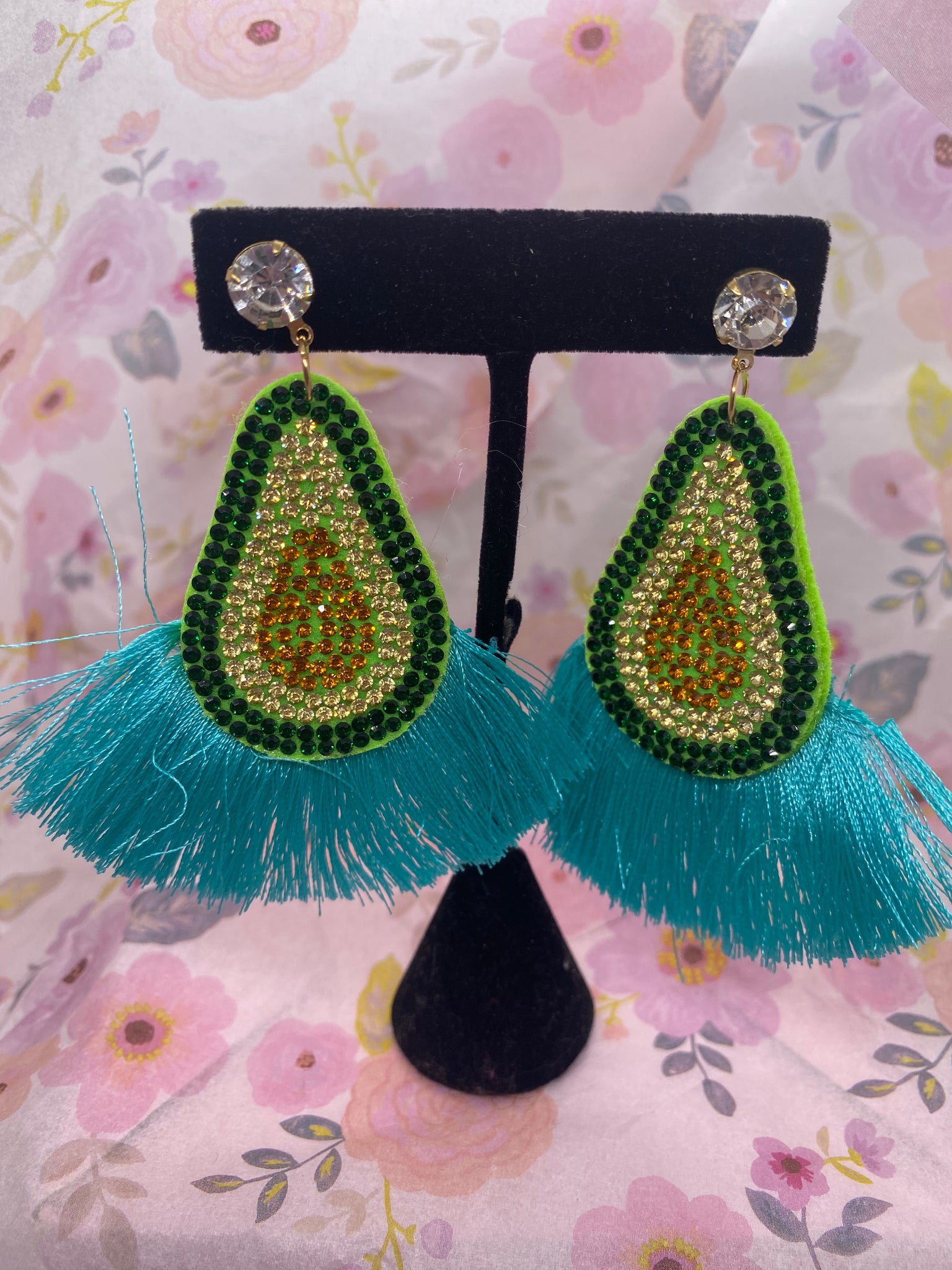 Green Avocado Teal Fringe Rhinestone Earrings