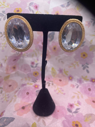 Clear Rhinestone Post Earrings Gold Tone Trim