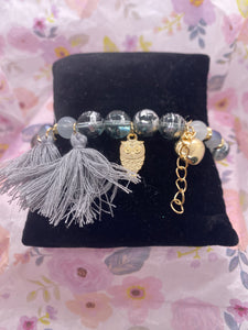 Grey Tone Gold Tone Owl Accents Stretch Fringe Bracelets