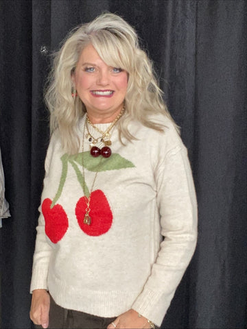 Cherry Jacquard Crew Neck Sweater