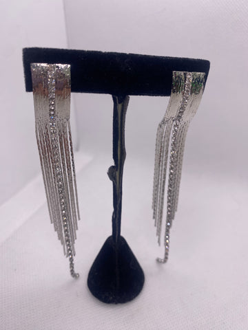 Silver Rhinestone Wide Fringe Post Earrings