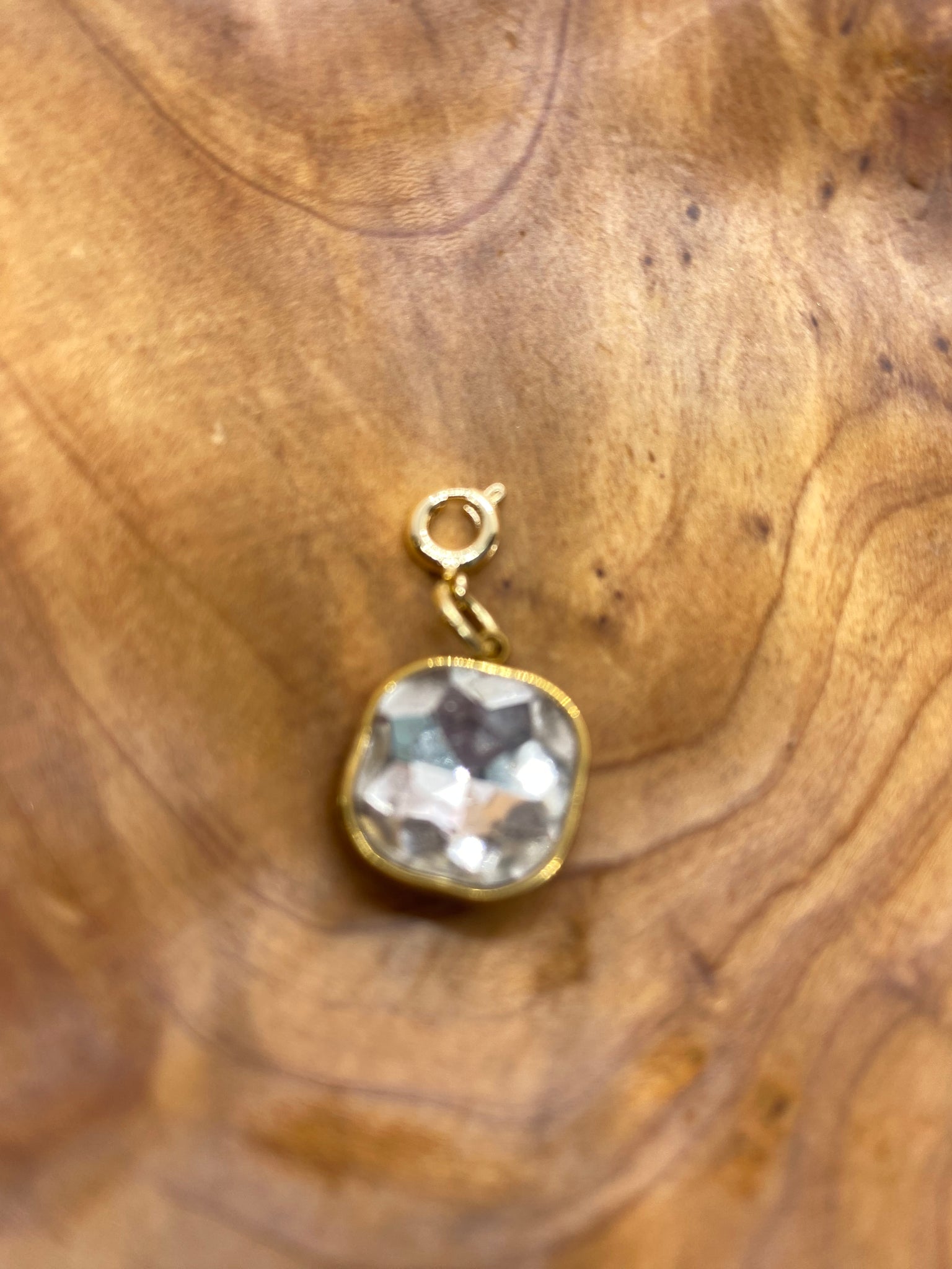 Gold Tone Clear Stone Square Charm for Necklace or Bracelet