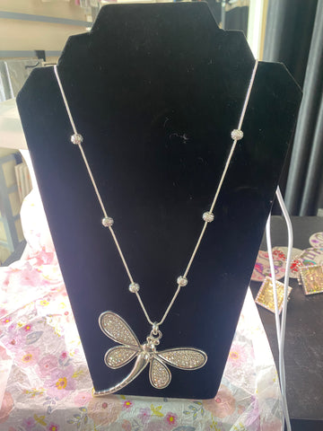 Silver Tone Rhinestone Dragonfly Necklace 20 inches Long