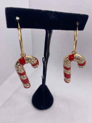Red Gold Rhinestone Candy Cane Hoop Earrings