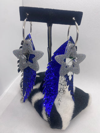 Randans Custom Lightweight Royal Blue Silver Stars Feather Earrings