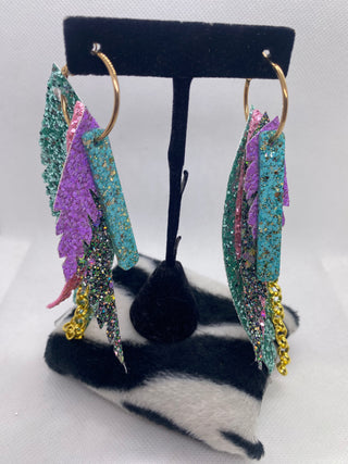 Randans Custom Lightweight Shades of Teal Green Purple Glitter Feather Earrings