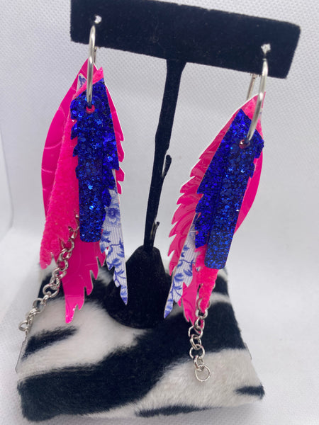Randans Custom Lightweight Fuschia Pink Royal Blue Feather Earrings