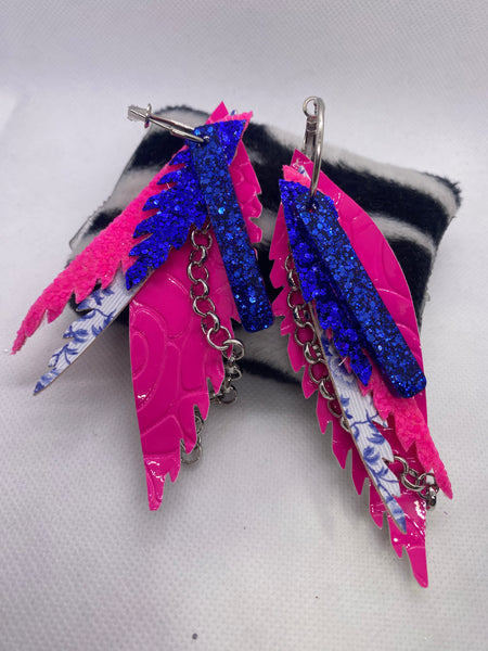 Randans Custom Lightweight Fuschia Pink Royal Blue Feather Earrings