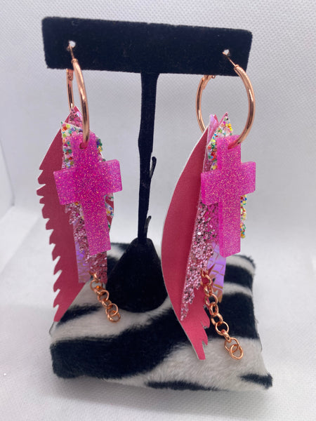 Randans Custom Lightweight Pink Crosses Pink Feather Earrings