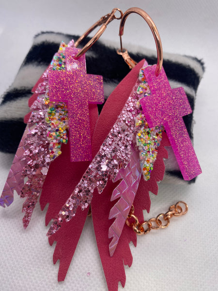Randans Custom Lightweight Pink Crosses Pink Feather Earrings