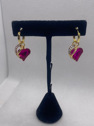 18K Gold Plated Mini Hoop Fuchsia Heart w Crystals