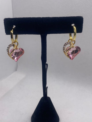 18K Gold Plated Mini Hoop Pink Heart w Crystals