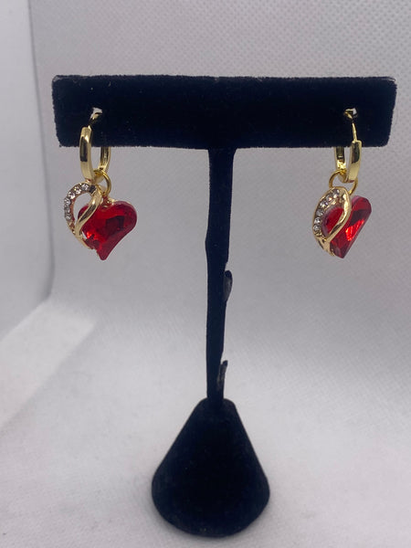 18K Gold Plated Mini Hoop Red Heart w Crystals