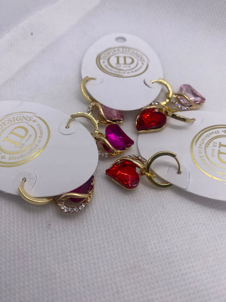 18K Gold Plated Mini Hoop Red Heart w Crystals