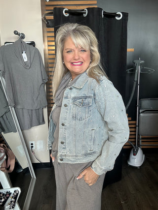 Medium Wash Denim Jean Jacket with Rhinestones
