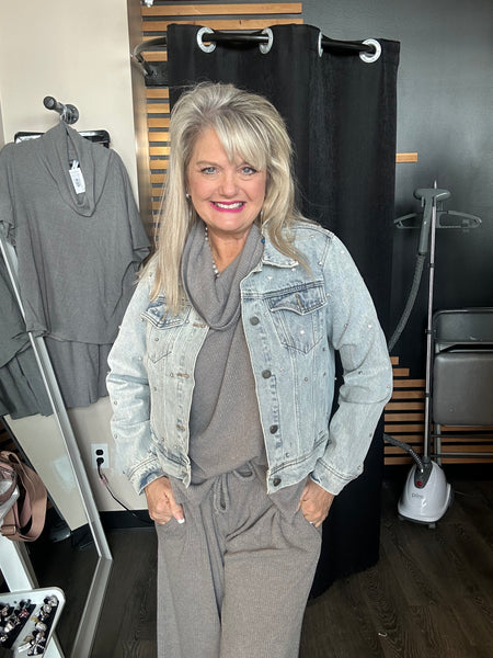 Medium Wash Denim Jean Jacket with Rhinestones