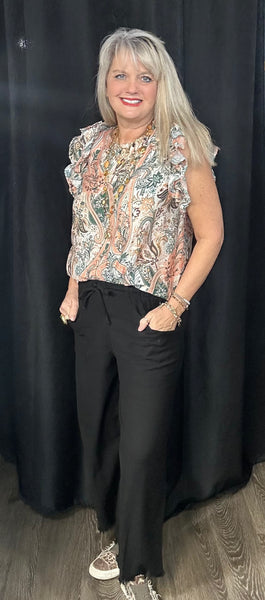 Full Length Frayed Wide leg Pants with Pockets