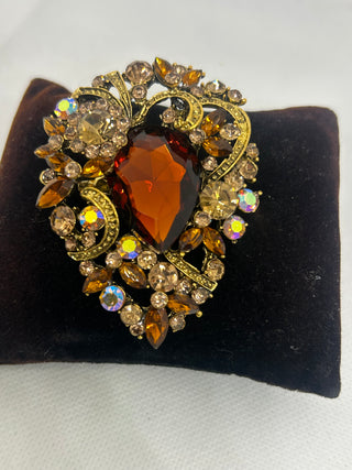Gold & Brown Crystal Rhinestone Brooch