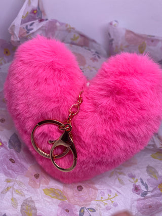 5 inch Hot Pink Fuzzy Heart Key Ring Key Chain