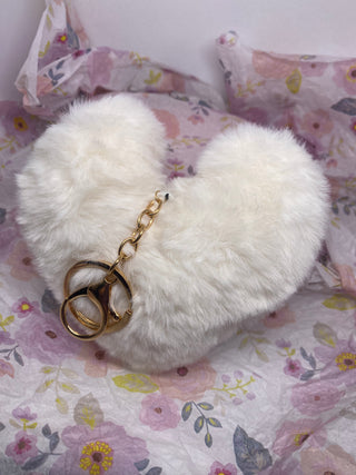 White 5 inch Hot Pink Fuzzy Heart Key Ring Key Chain