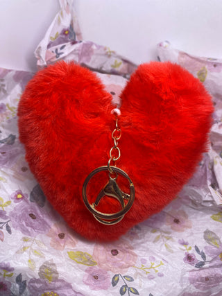 5 inch Red Fuzzy Heart Key Ring Key Chain