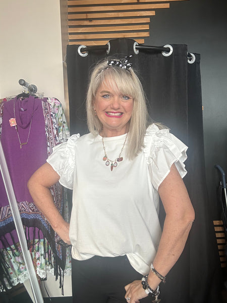 Round Neck Woven Short Ruffle Sleeve Top Off White