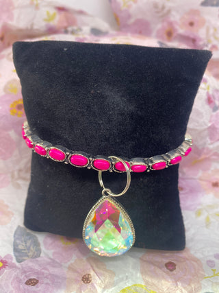 Pink Stretch Bracelet w Aurora Borealis AB Dangle Charm