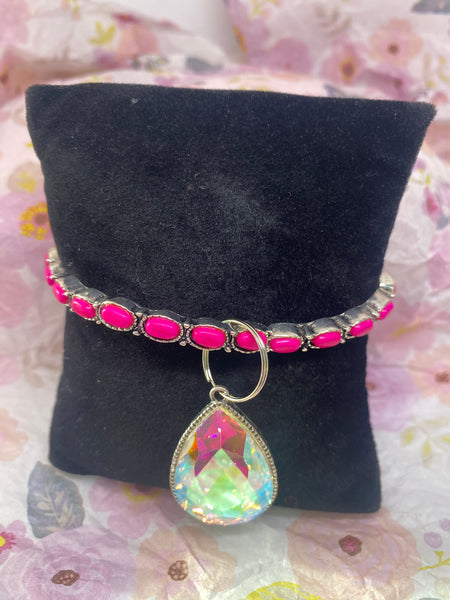 Pink Stretch Bracelet w Aurora Borealis AB Dangle Charm