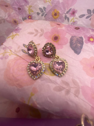 Pink Crystals trimmed w Rhinestones Gold Accents Post Earrings