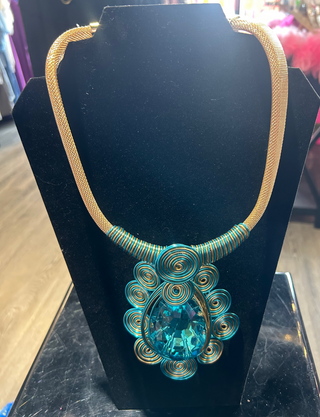 Turquoise Blue Statement Necklace with Gold Accents
