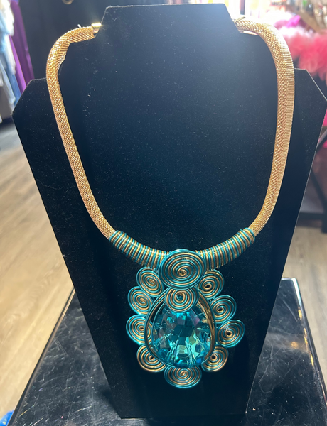 Turquoise Blue Statement Necklace with Gold Accents