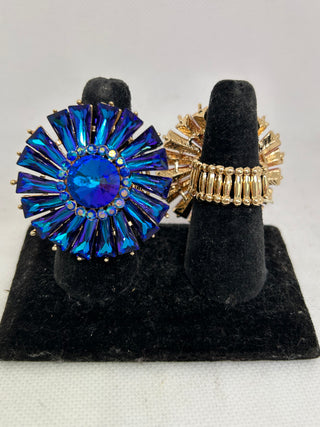 Brilliant Blue Crystal Starburst Stretch Statement Ring Gold Accents