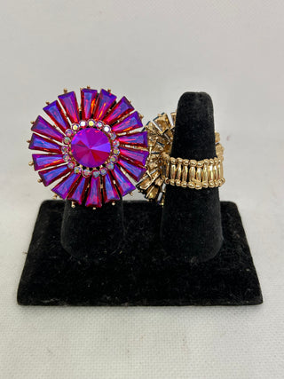 Fuchsia Crystal Starburst Stretch Statement Ring Gold Accents