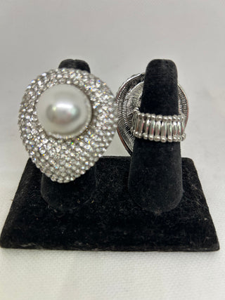 Faux Pearl Crystal Teardrop Silver Stretch Ring