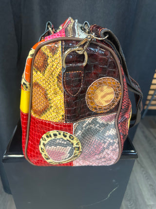 Genuine Leather Multi Color Patchwork Satchel Purse Animal Print Olive Green