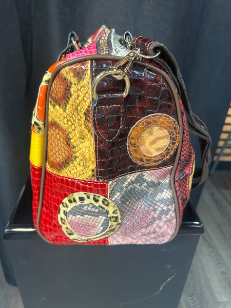 Genuine Leather Multi Color Patchwork Satchel Purse Animal Print Olive Green