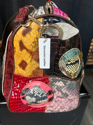 Genuine Leather Multi Color Patchwork Satchel Purse Animal Print Olive Green