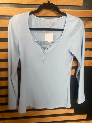 Blue Peekaboo Lace Long Sleeve Ribbed Henley Long Sleeve Shirt