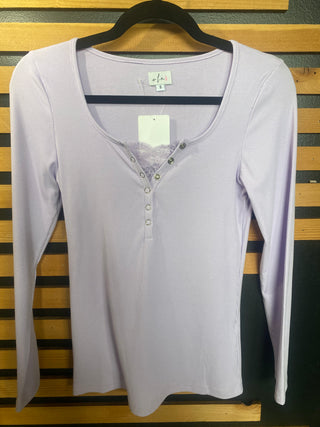Purple Peekaboo Lace Long Sleeve Ribbed Henley Long Sleeve Shirt