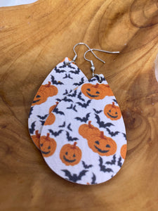 Halloween White Base Orange Pumpkins Black Bats Dangle Earrings